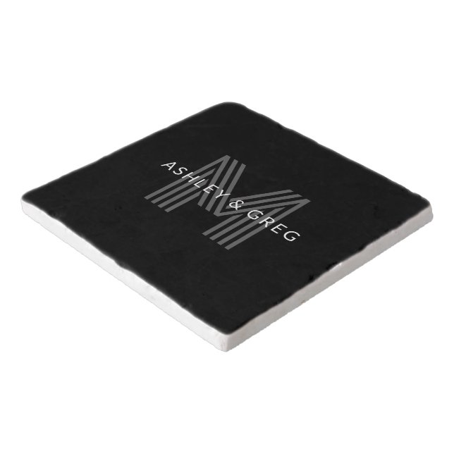 Retro Modern Name/s Editable Monogram Black & Gray Trivet (Corner)