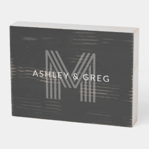 Retro Modern Name/s Editable Monogram Black & Gray Wooden Box Sign