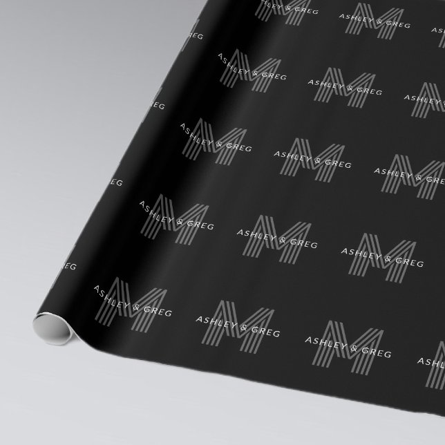 Retro Modern Name/s Editable Monogram Black & Gray Wrapping Paper (Creator Uploaded)