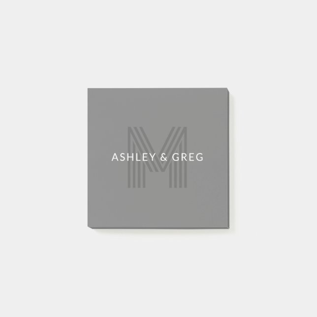 Retro Modern Name/s Editable Monogram Gray Post-it Notes (Front)