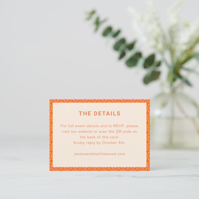 Retro Modern Orange Geometric Wedding RSVP QR Code Enclosure Card (Standing Front)