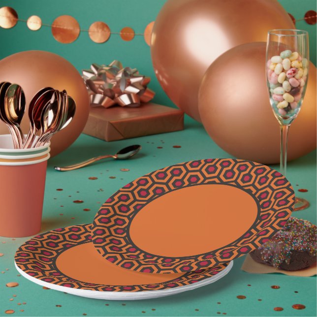 Retro Modern Orange Red Brown Hexagon Vector Art Paper Plates (Multi)