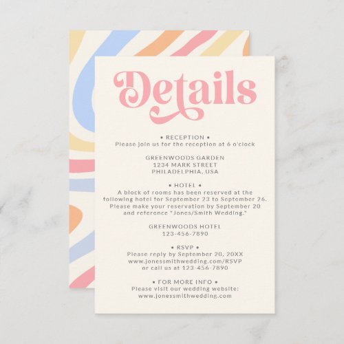 Retro Modern Pastel Wedding Details Enclosure Card