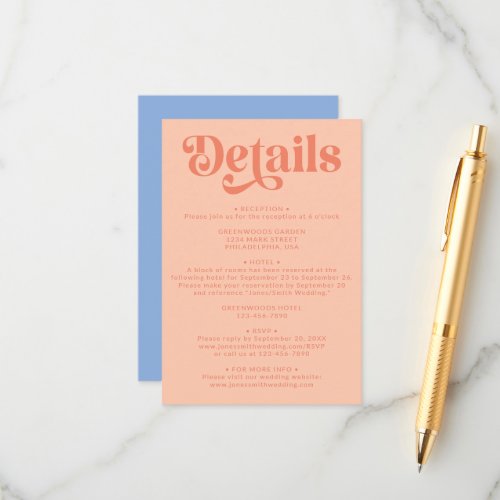 Retro Modern Peach and Blue Wedding Details Enclosure Card