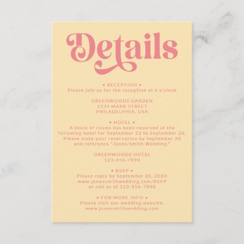 Retro Modern Pink and Yellow Wedding Details Enclosure Card