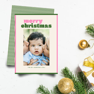 Retro Modern Pink Green Christmas Photo Baby Holiday Card