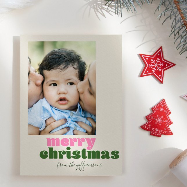 Retro Modern Pink Green Christmas Photo Holiday Card (Creator Uploaded)