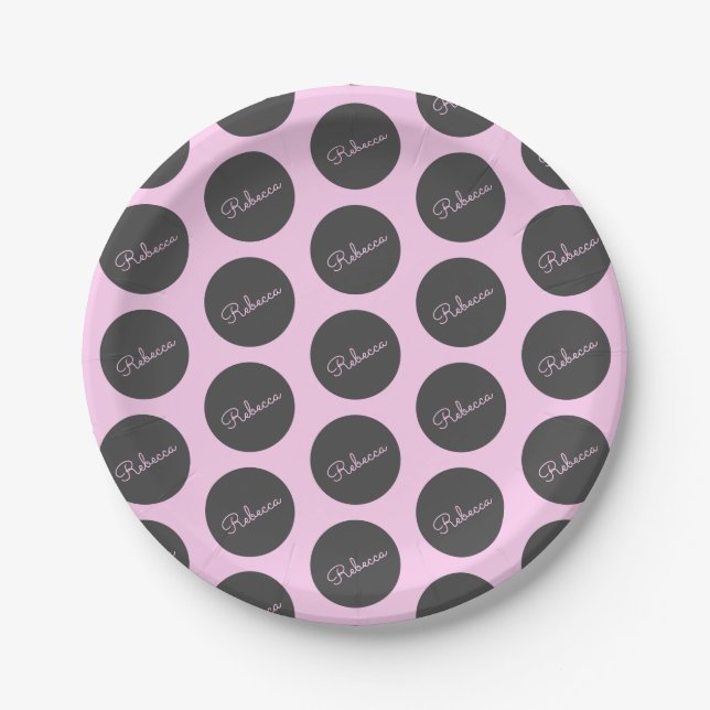 Retro-modern Pink & Grey Modern Polka Dot Design Paper Plates (Front)