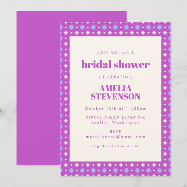 Retro Modern Purple Geometric Flower Bridal Shower Invitation (Front/Back)