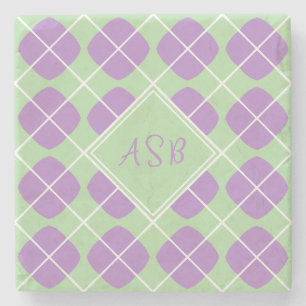 Retro Modern Purple Green Argyle Monogram Stone Coaster