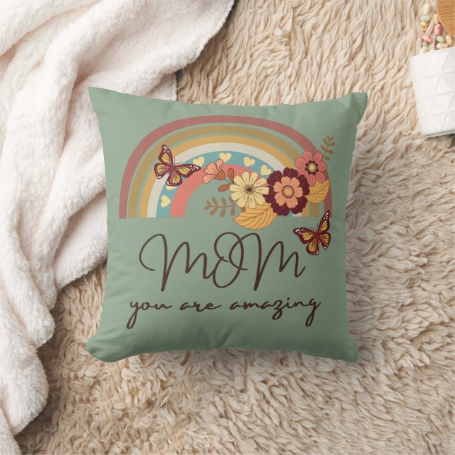 Retro Modern Rainbow Flower , MOM You Are Amazing Throw Pillow (Blanket)