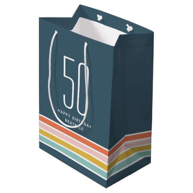 Retro Modern Rainbow Stripes Birthday 50th Medium Gift Bag (Back Angled)
