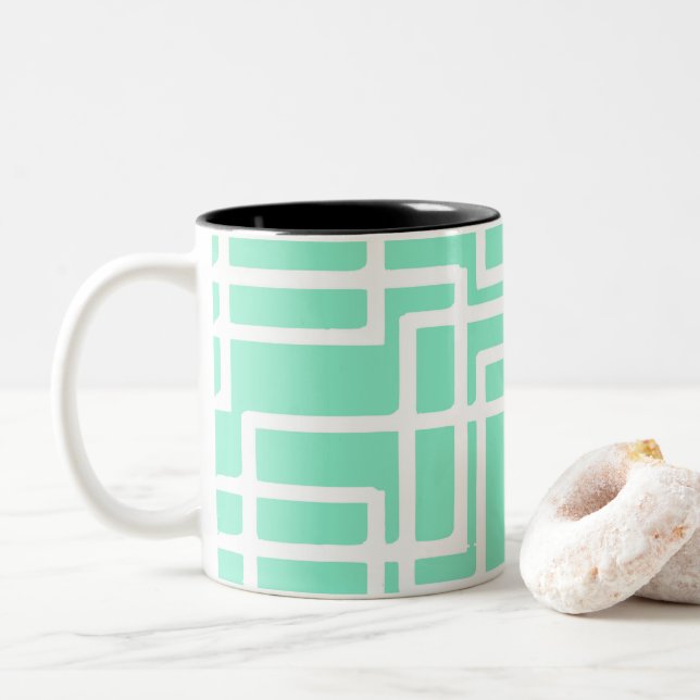 Retro Modern Rectangles On Diluted Aqua Two-Tone Coffee Mug (With Donut)