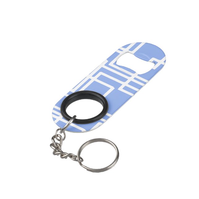 Retro Modern Rectangles On Summer Sky Blue Keychain Bottle Opener (Back Angled)