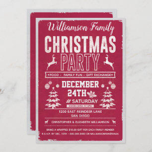 Retro Modern Red Family Christmas Party Invitation