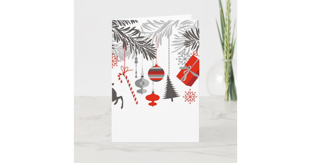 Retro Modern Red & Grey Christmas Ornaments Holiday Card Zazzle