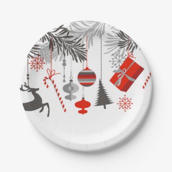 Retro Modern Red & Grey Christmas Ornaments Paper Plates by GroovyFinds at Zazzle