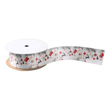 Retro Modern Red & Grey Christmas Ornaments Satin Ribbon by GroovyFinds at Zazzle
