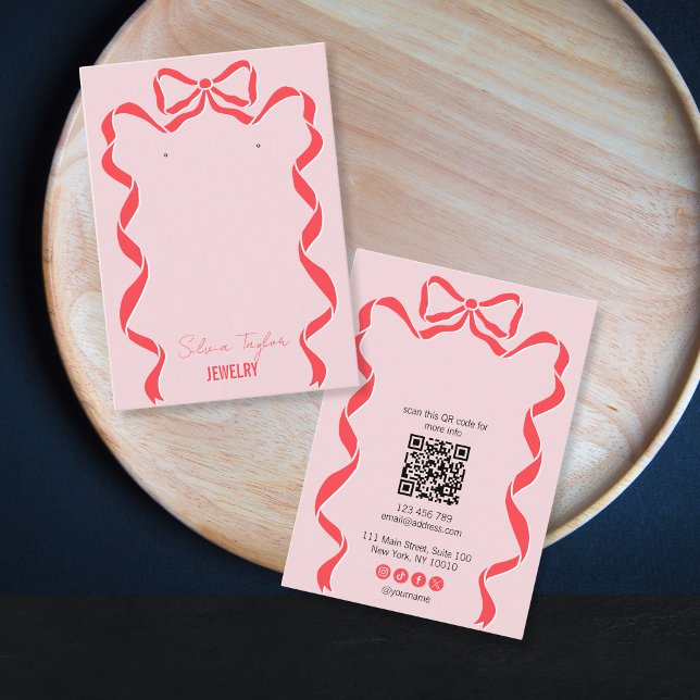 retro modern red pink bow ribbon earring QR code Business Card (Creator Uploaded)