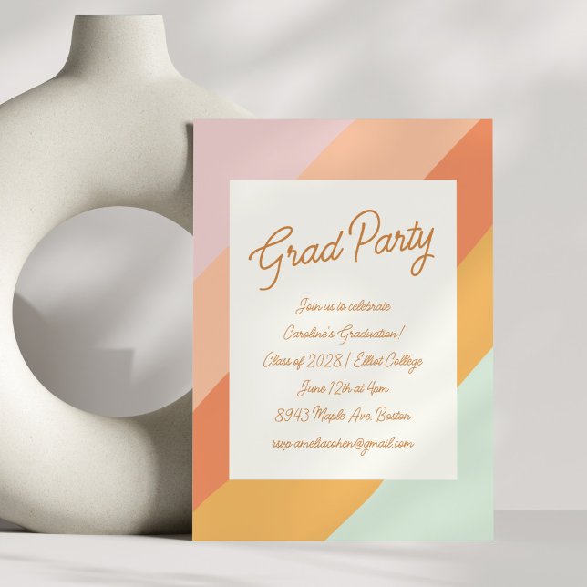 Retro Modern Script Pastel Stripe Graduation Party Invitation (Creator Uploaded)