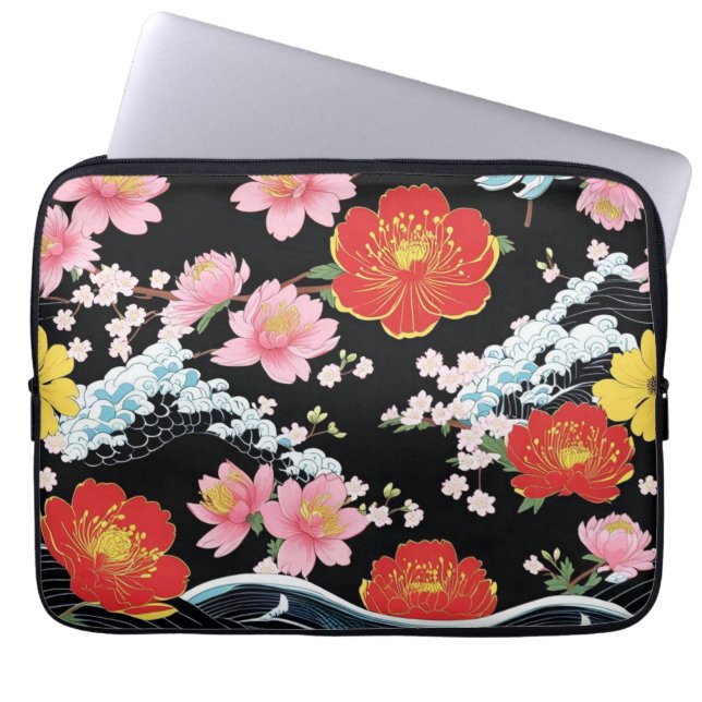 Retro Modern Seigaiha Sakura Flowers Japan party Laptop Sleeve (Front)