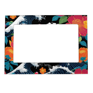 Retro Modern Seigaiha Sakura Flowers Japan party Magnetic Frame
