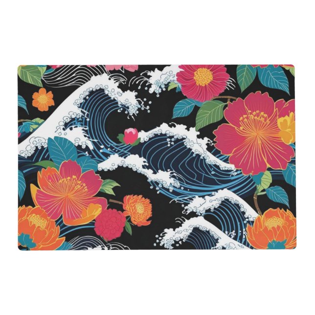 Retro Modern Seigaiha Sakura Flowers Japan party Placemat (Front)