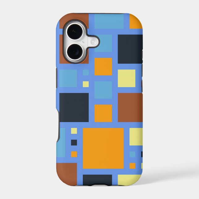 Retro Modern Squares Pattern | Blue Yellow Brown Iphone Case (Back)