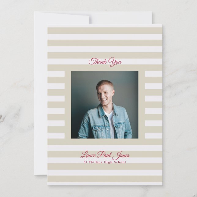 Retro Modern Stripe Photo High School Grad Thank You Card (Front)