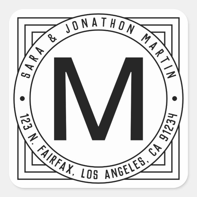 Retro-Modern Surname Initial & Return Address Square Sticker (Front)