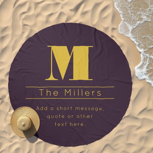 Retro-modern Surname Monogram & Custom Message Beach Towel (Beach)