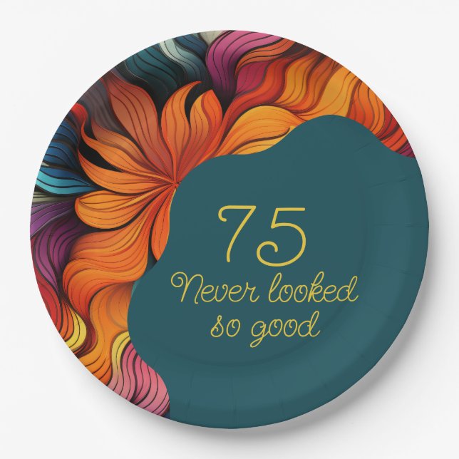 Retro Modern Teal Orange 75th Birthday Paper Plates (Front)