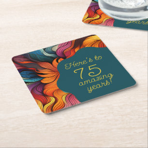 Retro Modern Teal Orange 75th Birthday Square Paper Coaster