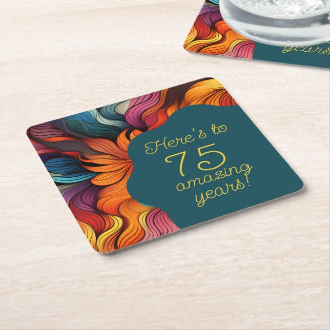 Retro Modern Teal Orange 75th Birthday Square Paper Coaster (Angled)