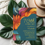 Retro Modern Teal Orange Psychedelic 70th Birthday Invitation<br><div class="desc">Celebrate 70 years of love,  life,  and laughter with this colorful floral invitation. Designed with vibrant waves of orange,  teal,  and magenta,  it brings joyful energy to your milestone gathering. The elegant layout and eye-catching palette make this a standout choice for a stylish celebration.</div>