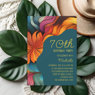 Retro Modern Teal Orange Psychedelic 70th Birthday Invitation