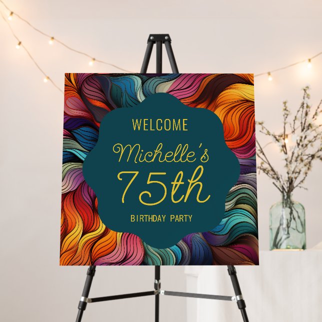 Retro Modern Teal Orange Psychedelic 75th Birthday Foam Board (In Situ (Stand))