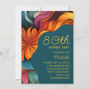 Retro Modern Teal Orange Psychedelic 80th Birthday Invitation