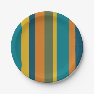 Retro Modern Vertical Stripe Pattern Teal Orange Paper Plates