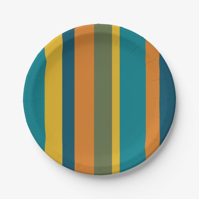 Retro Modern Vertical Stripe Pattern Teal Orange Paper Plates (Front)