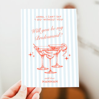 Retro Modern Vintage Blue Bridesmaid Proposal Card