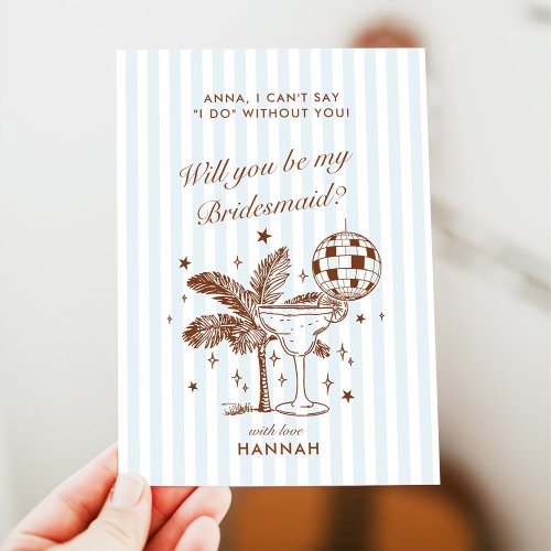 Retro Modern Vintage Blue Bridesmaid Proposal Card