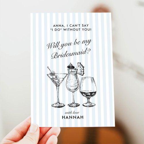 Retro Modern Vintage Blue Bridesmaid Proposal Card