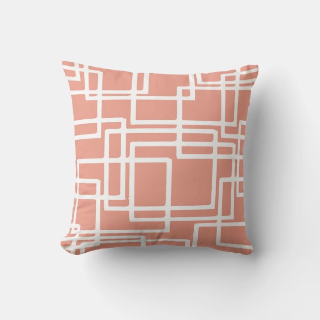 Retro Modern White Rectangles On Coral Throw Pillow (Front)