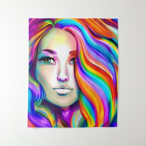 Retro Modern Woman with Rainbow Hair Tapestry