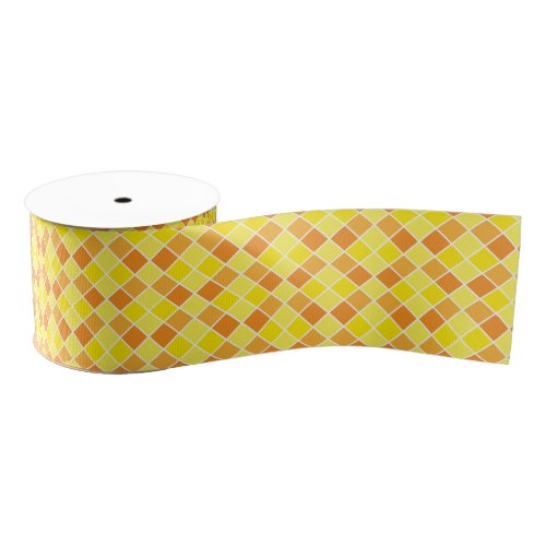 Retro Modern Yellow Orange Checkers Square Pattern Grosgrain Ribbon