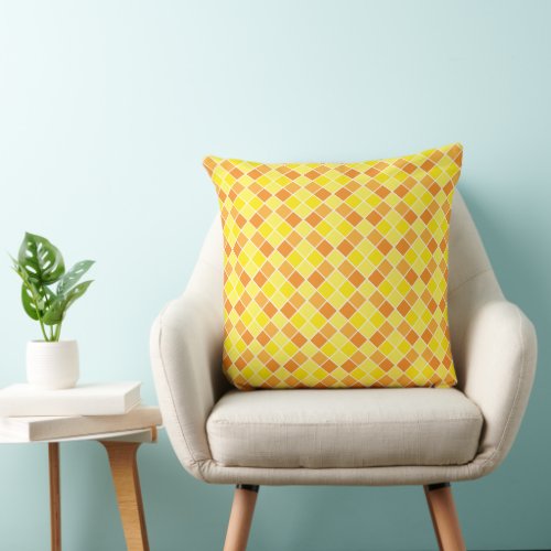 Retro Modern Yellow Orange Checkers Square Pattern Throw Pillow