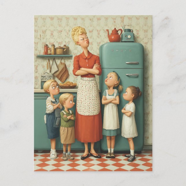 Retro Mom and Kids Standoff Postcard (Front)