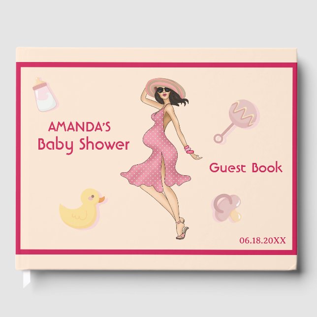 Retro Mom Brunette 2 Baby Shower Party Guest Book (Front)