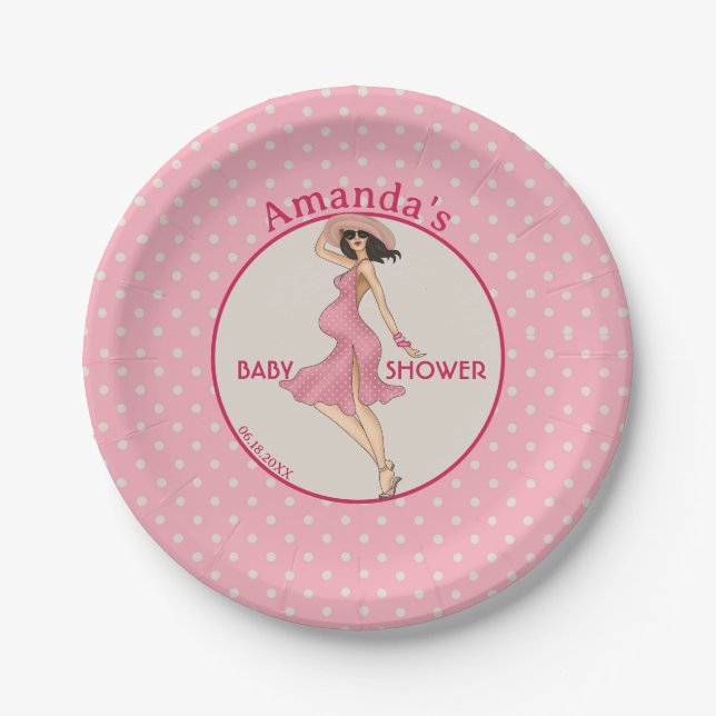 Retro Mom Brunette 2 Baby Shower Party Paper Plates (Front)